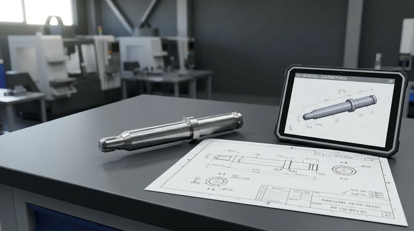 Chốt đục lỗ tùy chỉnh bên cạnh bản vẽ kỹ thuật phù hợp và mô hình CAD.